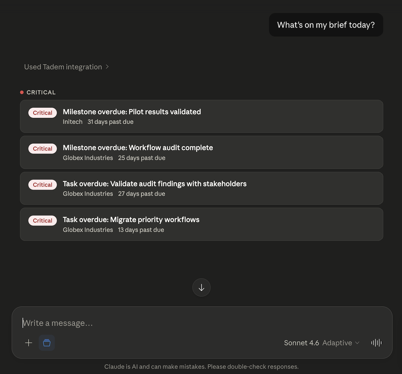 Claude.ai conversation using Tandem MCP tools